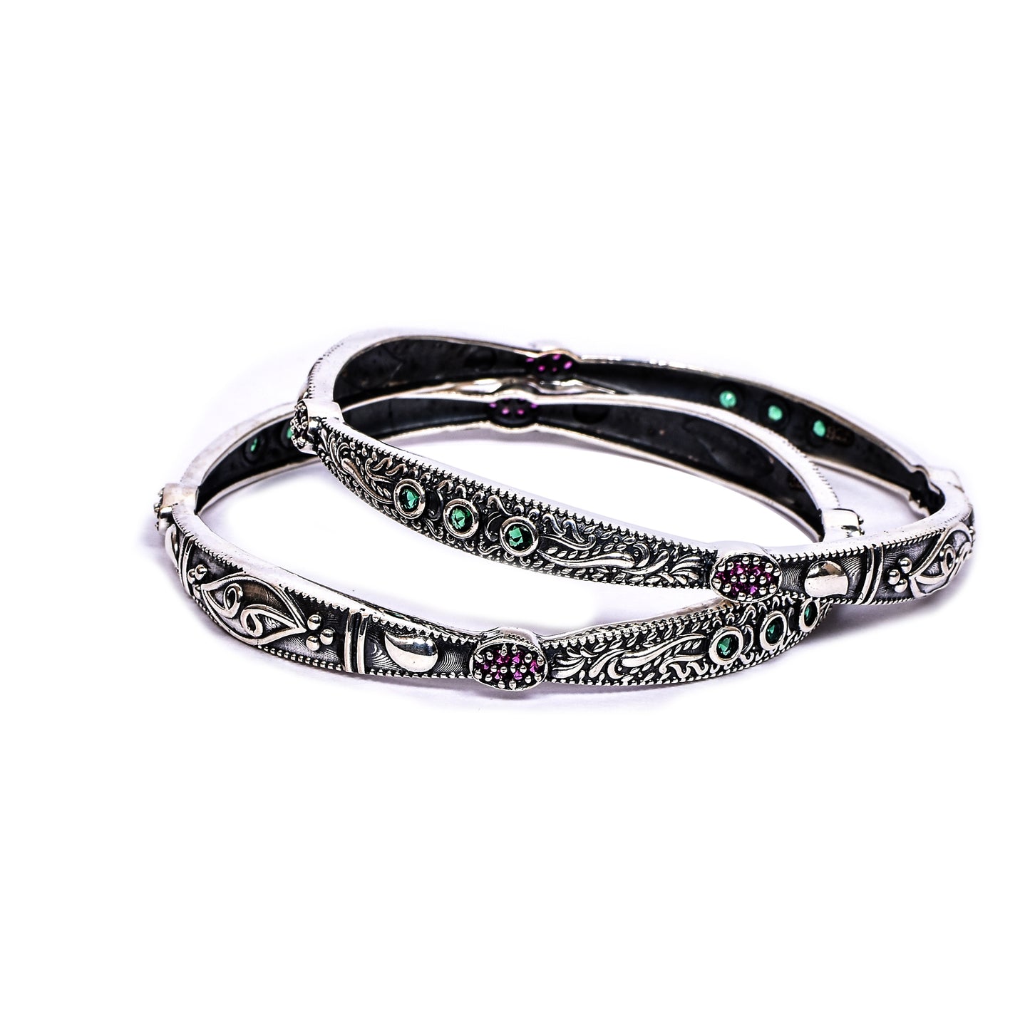 Women’s Silver Bangle Pair – Engraved Floral Design with Green & Pink Gemstones (Size 2-6 / 6 cm)