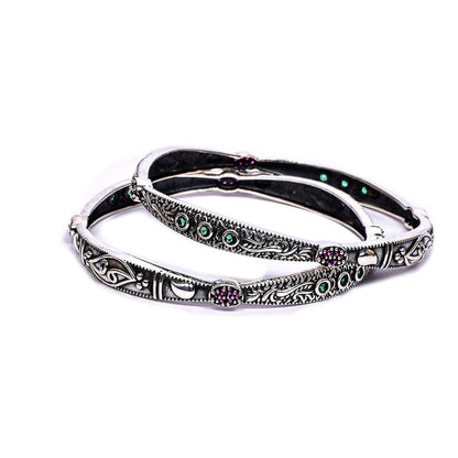 Women’s Silver Bangle Pair – Engraved Floral Design with Green & Pink Gemstones (Size 2-6 / 6 cm)