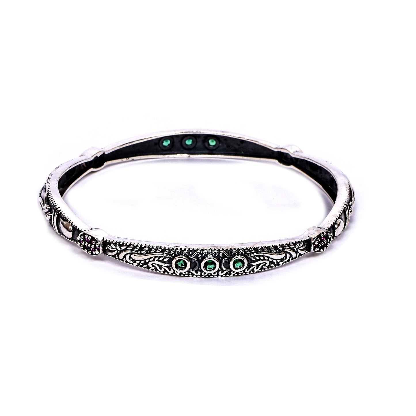 Women’s Silver Bangle Pair – Engraved Floral Design with Green & Pink Gemstones (Size 2-6 / 6 cm)