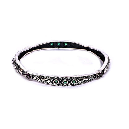Women’s Silver Bangle Pair – Engraved Floral Design with Green & Pink Gemstones (Size 2-6 / 6 cm)