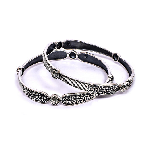 Women’s Silver Bangle Pair – Ornate Floral & Swirl Motif (Size 2-4 / 5.7 cm)