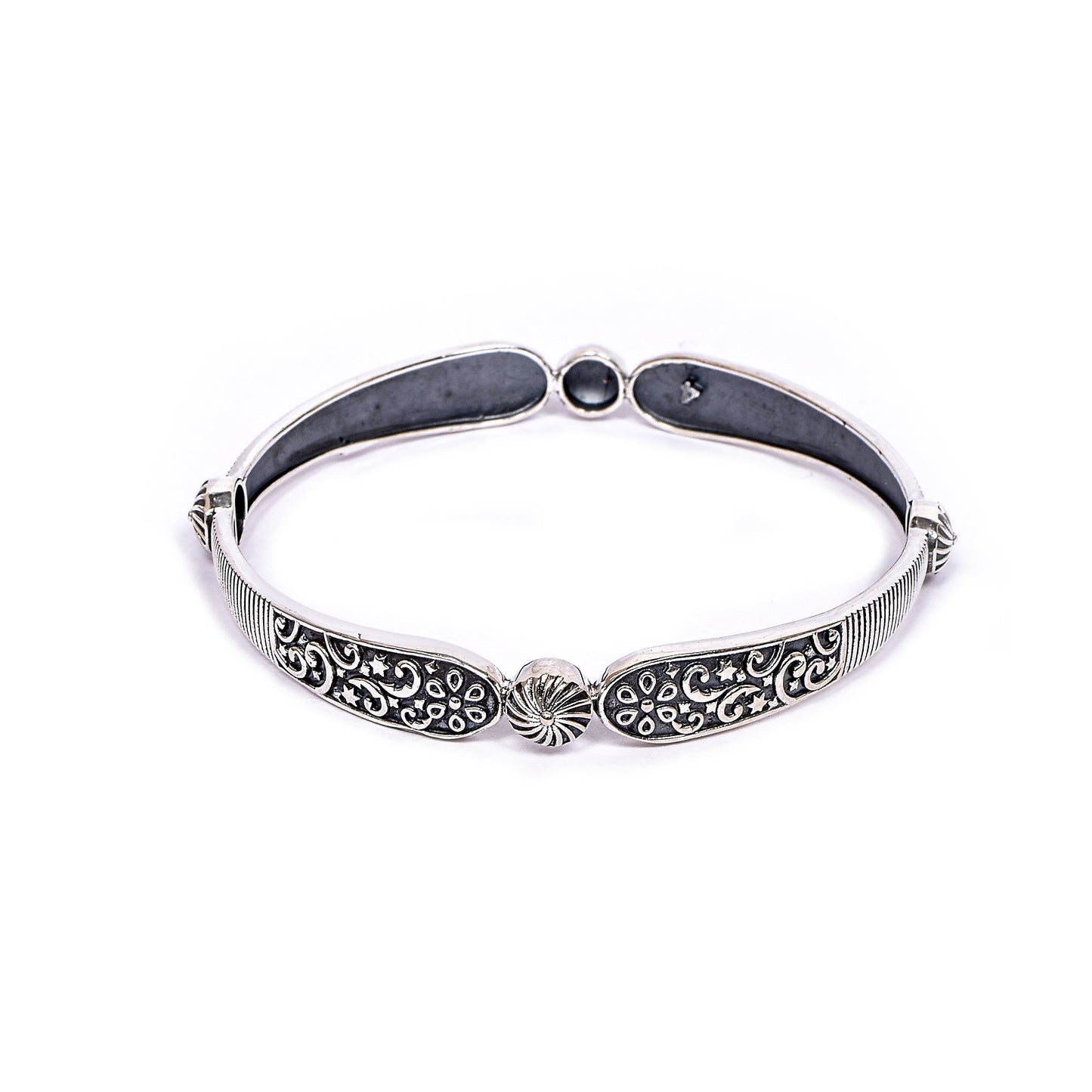 Women’s Silver Bangle Pair – Ornate Floral & Swirl Motif (Size 2-4 / 5.7 cm)