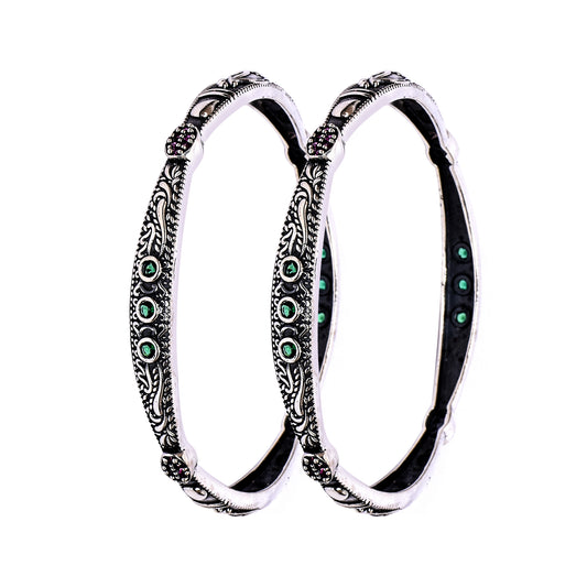 Women’s Silver Bangle Pair – Engraved Floral Design with Green & Pink Gemstones (Size 2-6 / 6 cm)
