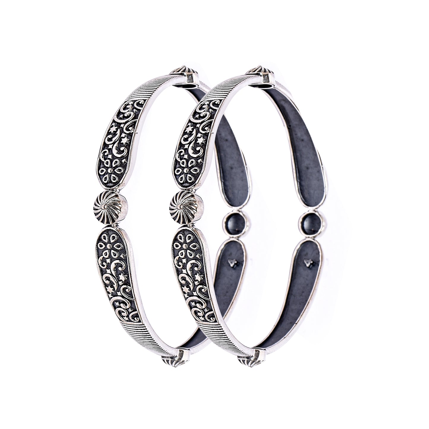 Women’s Silver Bangle Pair – Ornate Floral & Swirl Motif (Size 2-4 / 5.7 cm)