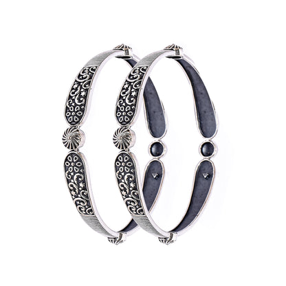 Women’s Silver Bangle Pair – Ornate Floral & Swirl Motif (Size 2-4 / 5.7 cm)
