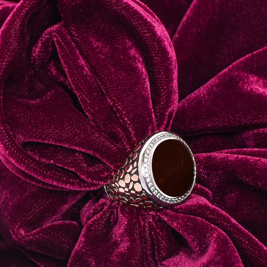 Men's Silver Ring – Brown Gemstone with Halo & Textured Band