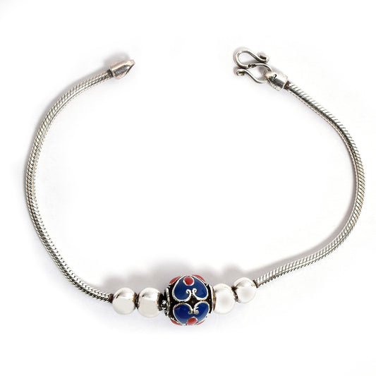 Women’s Silver Snake Chain Bracelet – Floral Bead Centerpiece (Size 7.5 inch)