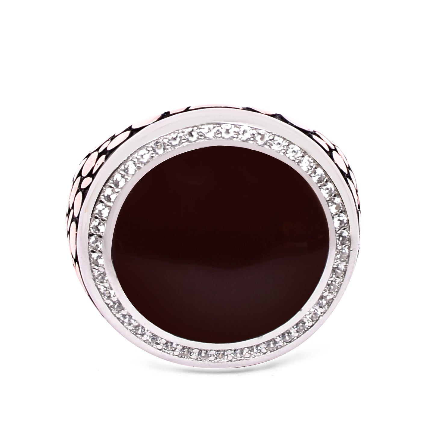 Men's Silver Ring – Brown Gemstone with Halo & Textured Band