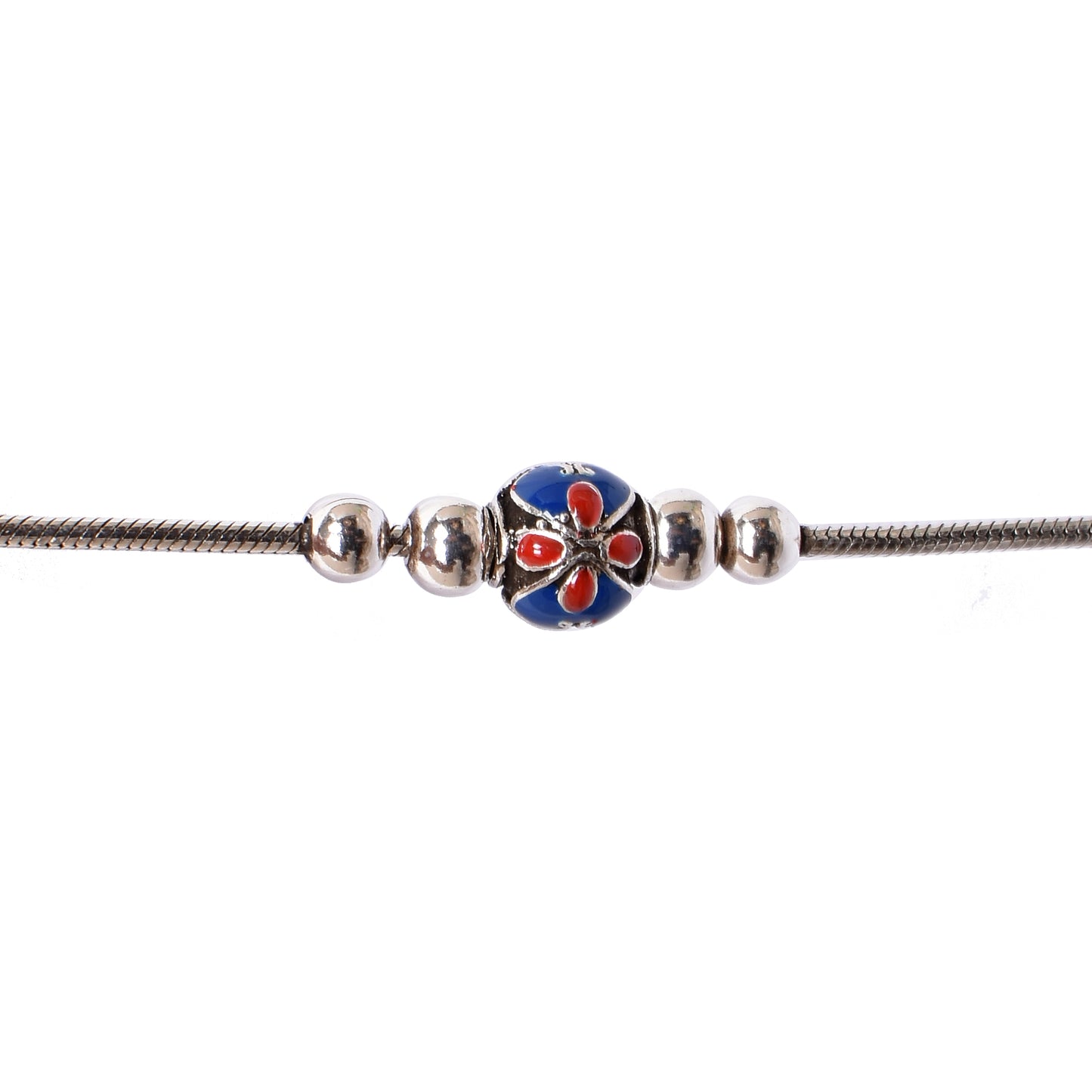 Women’s Silver Snake Chain Bracelet – Floral Bead Centerpiece (Size 7.5 inch)