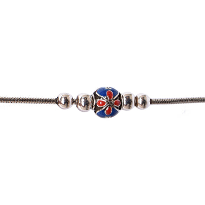 Women’s Silver Snake Chain Bracelet – Floral Bead Centerpiece (Size 7.5 inch)