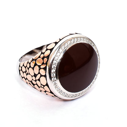 Men's Silver Ring – Brown Gemstone with Halo & Textured Band
