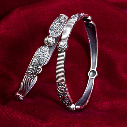 Women’s Silver Bangle Pair – Ornate Floral & Swirl Motif (Size 2-4 / 5.7 cm)