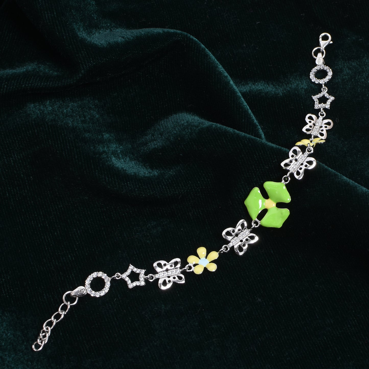 Women’s Silver Charm Bracelet – Butterfly, Floral & Geometric Motifs (Size 6.5 inch)