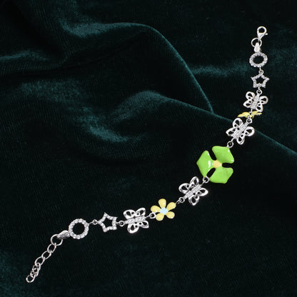 Women’s Silver Charm Bracelet – Butterfly, Floral & Geometric Motifs (Size 6.5 inch)