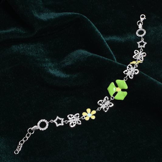 Women’s Silver Charm Bracelet – Butterfly, Floral & Geometric Motifs (Size 6.5 inch)