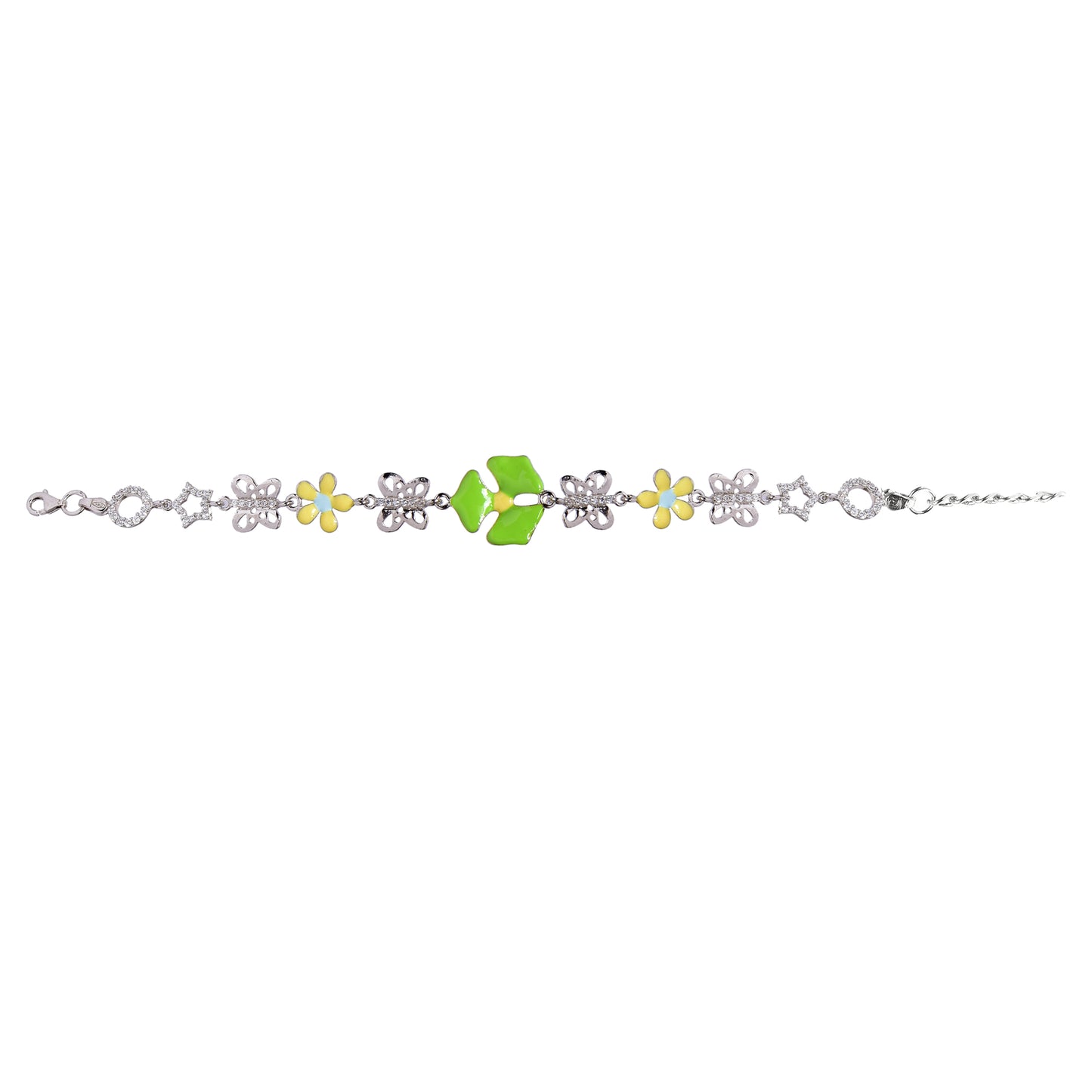 Women’s Silver Charm Bracelet – Butterfly, Floral & Geometric Motifs (Size 6.5 inch)