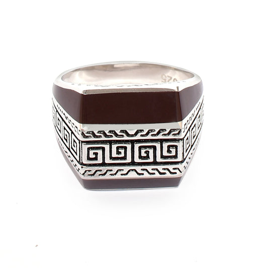Men's Silver Ring – Faceted Top with Greek Key Band