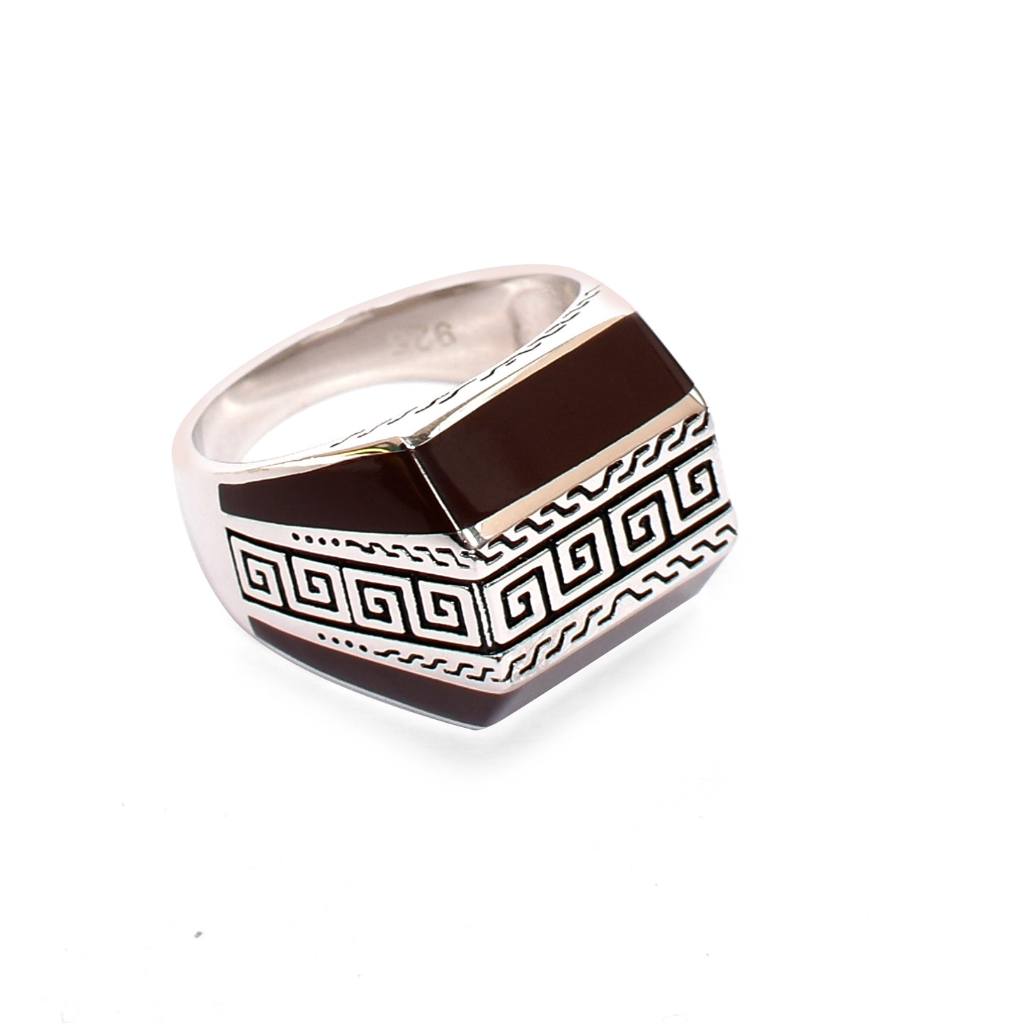 Men's Silver Ring – Faceted Top with Greek Key Band