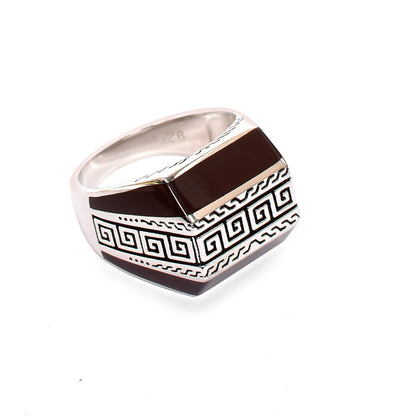 Men's Silver Ring – Faceted Top with Greek Key Band