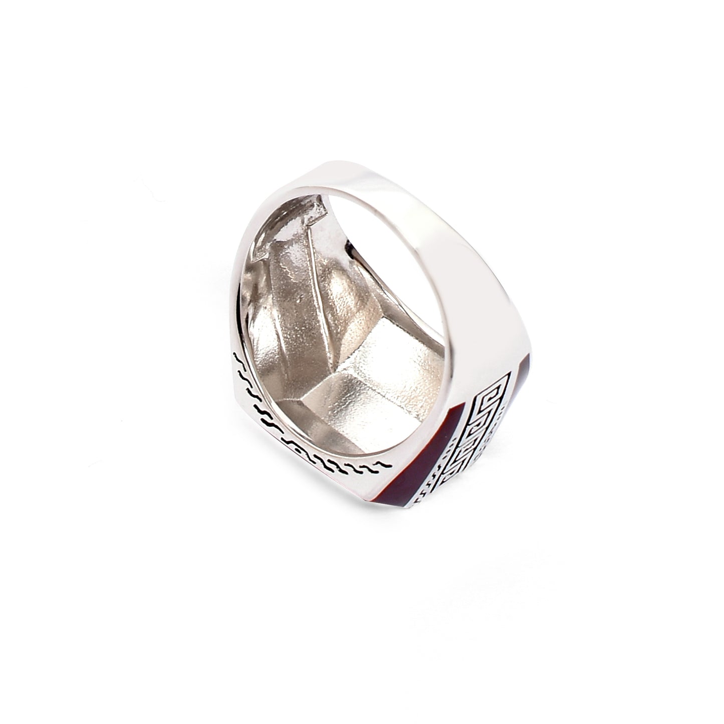 Men's Silver Ring – Faceted Top with Greek Key Band