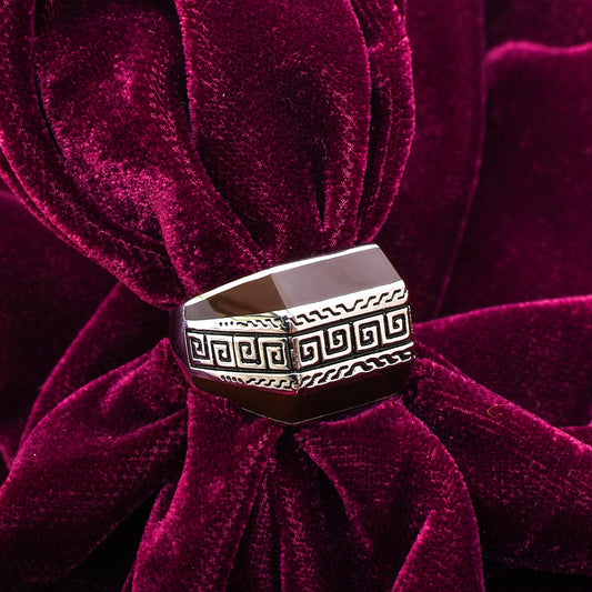 Men's Silver Ring – Faceted Top with Greek Key Band