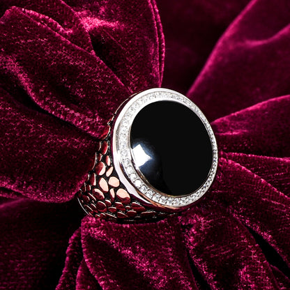 Men's Silver Ring – Black Stone with Halo & Scaled Band