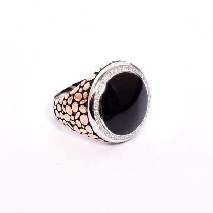 Men's Silver Ring – Black Stone with Halo & Scaled Band