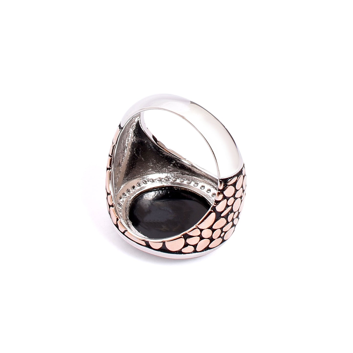 Men's Silver Ring – Black Stone with Halo & Scaled Band