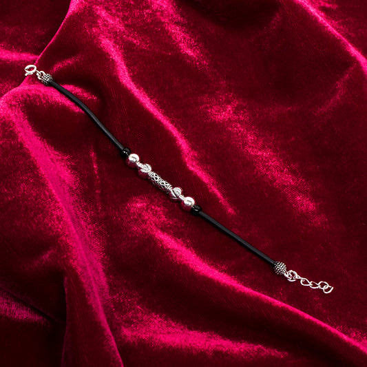 🖤 Black Leather Bracelet with Silver Beads