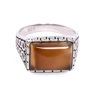 Men's Silver Ring – Smoky Brown Quartz with Greek Key Design