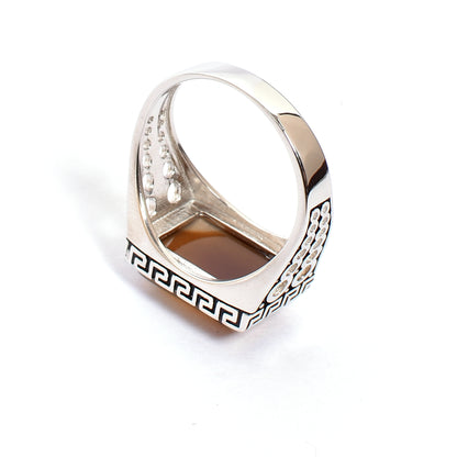 Men's Silver Ring – Smoky Brown Quartz with Greek Key Design