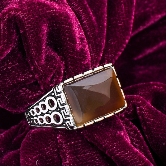 Men's Silver Ring – Smoky Brown Quartz with Greek Key Design