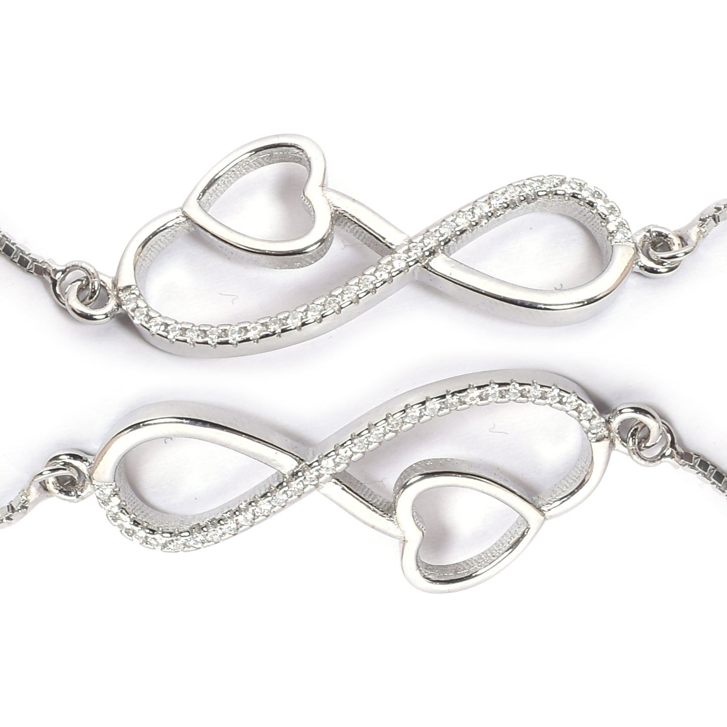 Girls' Silver Anklet Pair – Cubic Zirconia Accents (Size 9.5–10.4 inch)