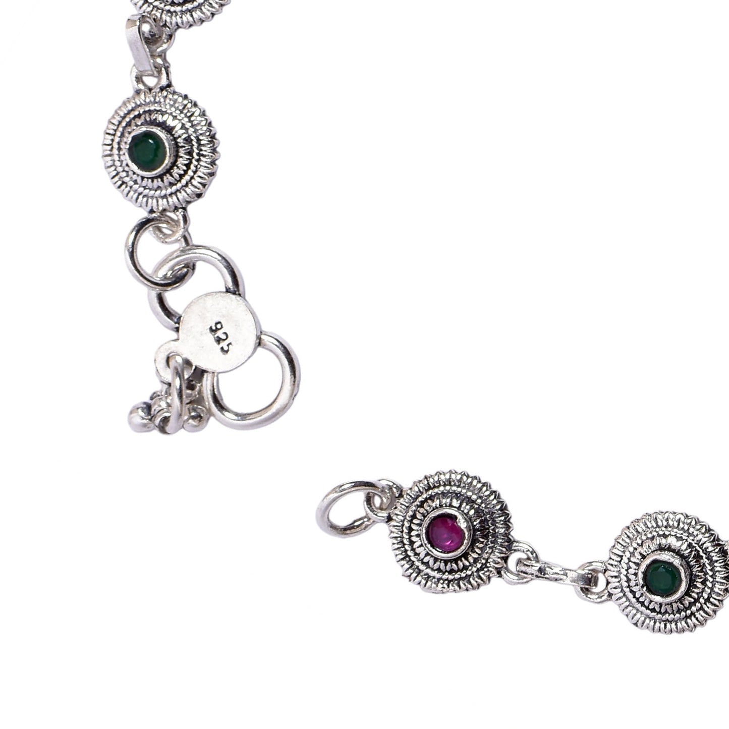 Women's Silver Anklet Pair – Emerald & Ruby Floral Motif (Size 10 inch)