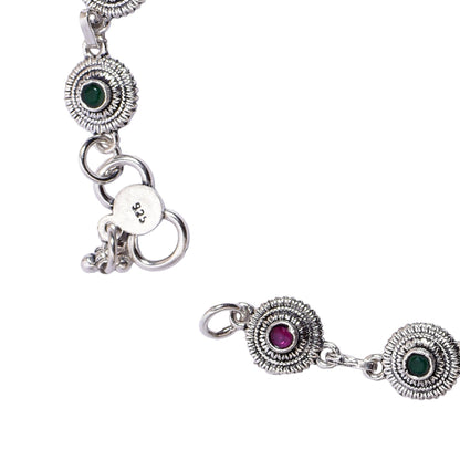 Women's Silver Anklet Pair – Emerald & Ruby Floral Motif (Size 10 inch)
