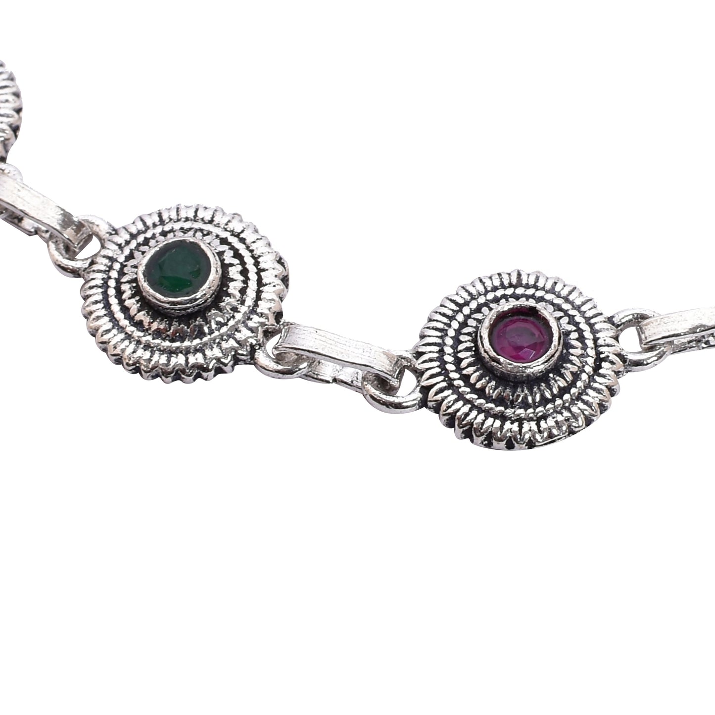 Women's Silver Anklet Pair – Emerald & Ruby Floral Motif (Size 10 inch)