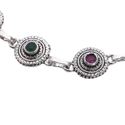 Women's Silver Anklet Pair – Emerald & Ruby Floral Motif (Size 10 inch)