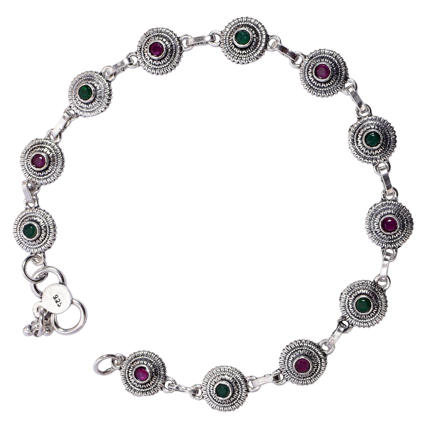 Women's Silver Anklet Pair – Emerald & Ruby Floral Motif (Size 10 inch)