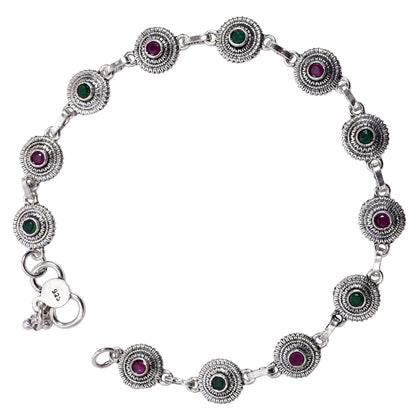 Women's Silver Anklet Pair – Emerald & Ruby Floral Motif (Size 10 inch)