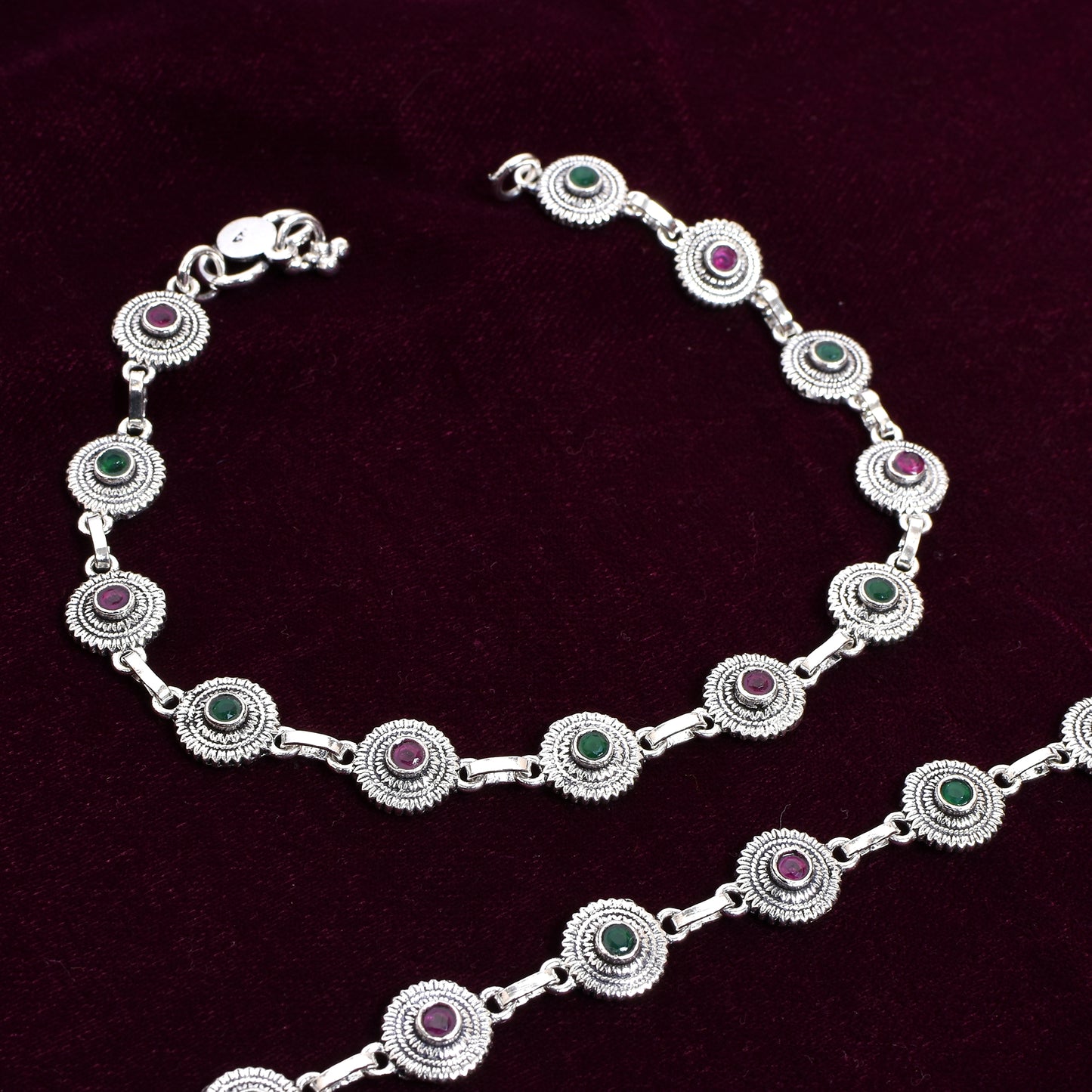 Women's Silver Anklet Pair – Emerald & Ruby Floral Motif (Size 10 inch)