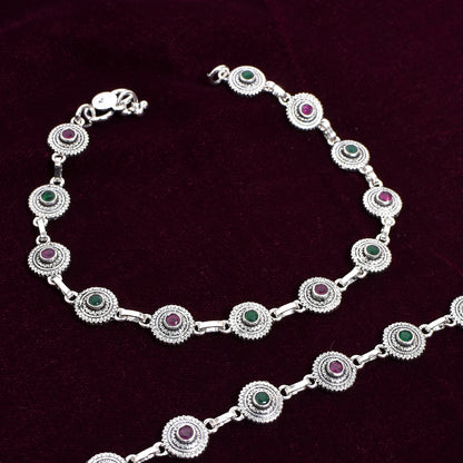 Women's Silver Anklet Pair – Emerald & Ruby Floral Motif (Size 10 inch)