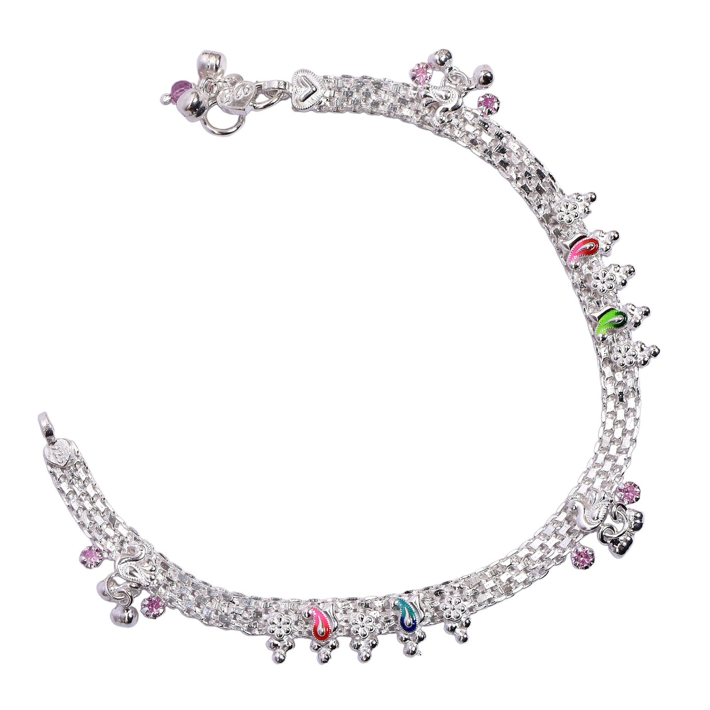 Women’s Silver Anklet Pair – Multi-Strand with Charms & Beads (Size 10.5 inch)