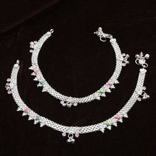 Women’s Silver Anklet Pair – Multi-Strand with Charms & Beads (Size 10.5 inch)