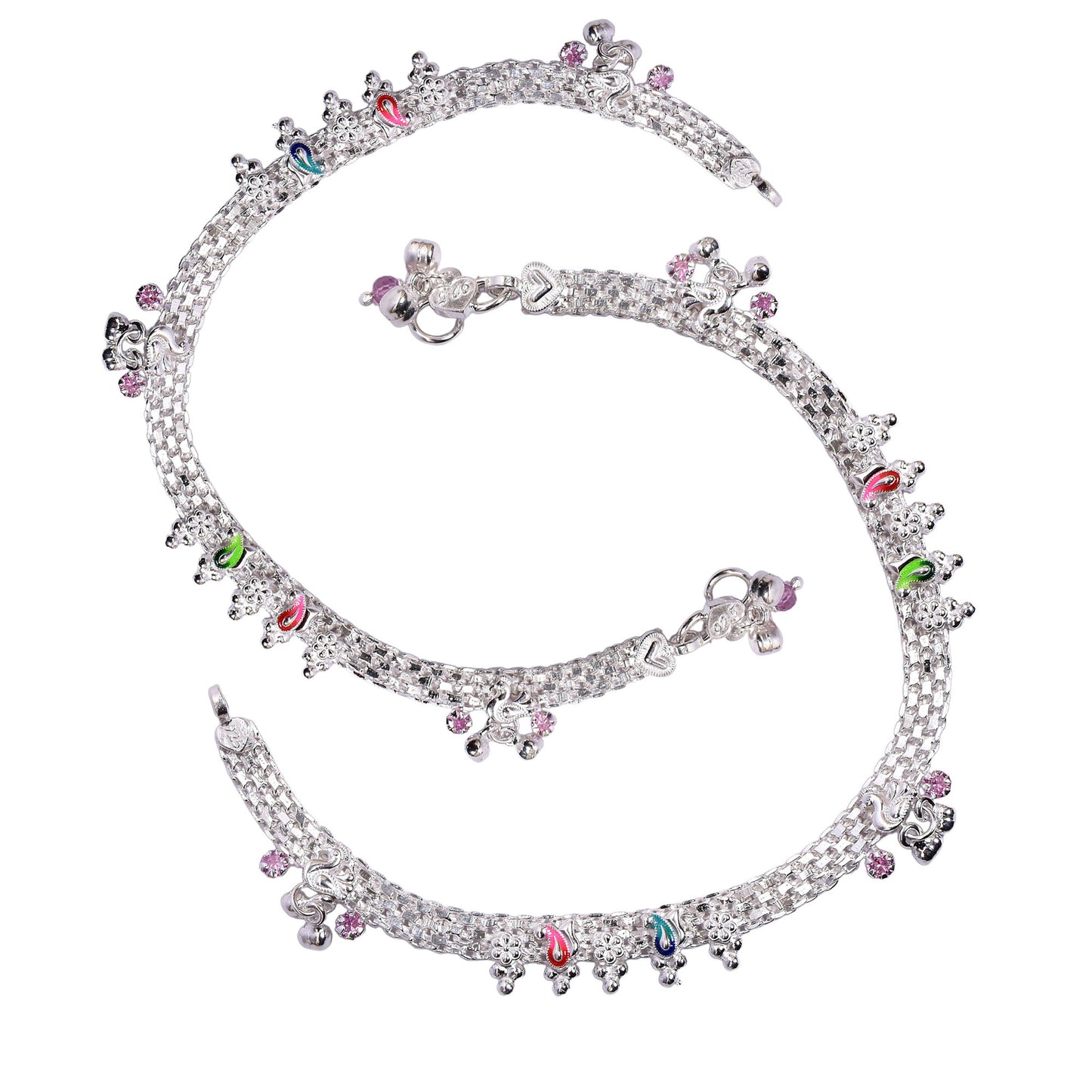 Women’s Silver Anklet Pair – Multi-Strand with Charms & Beads (Size 10.5 inch)
