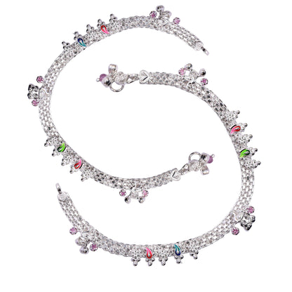 Women’s Silver Anklet Pair – Multi-Strand with Charms & Beads (Size 10.5 inch)