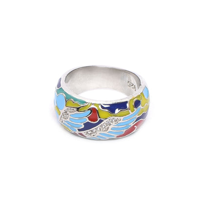 Women’s Silver Ring – Multicolor Enamel with Winged Gemstone Accents (Size 11)
