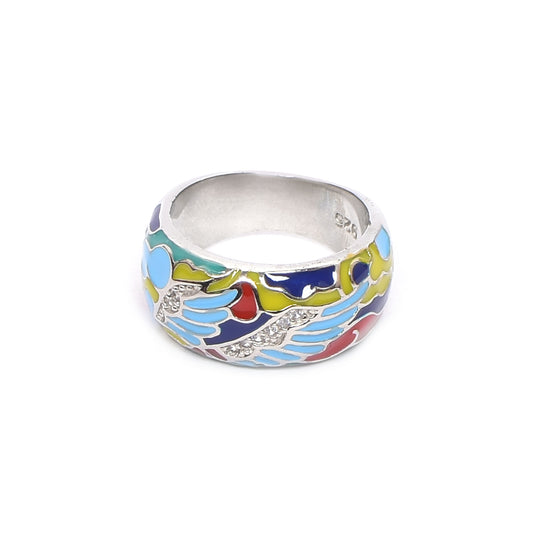 Women’s Silver Ring – Multicolor Enamel with Winged Gemstone Accents (Size 11)