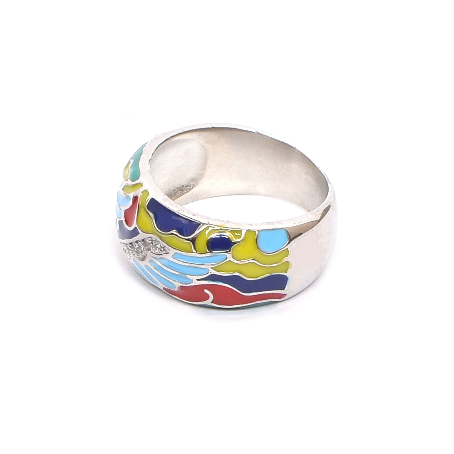 Women’s Silver Ring – Multicolor Enamel with Winged Gemstone Accents (Size 11)