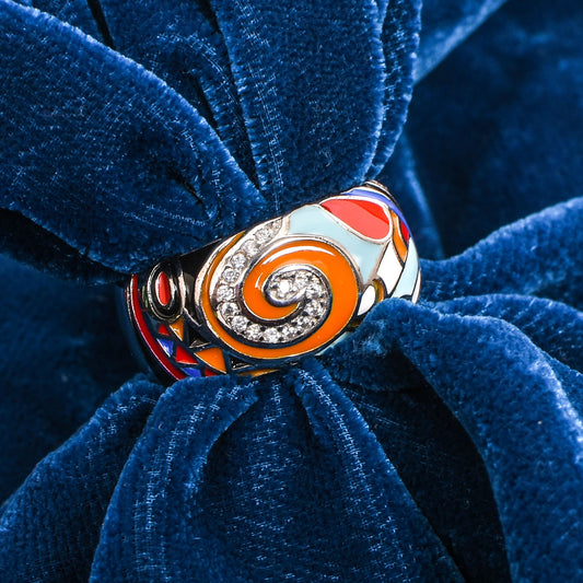 Women’s Silver Ring – Enamel Swirl Motif with Gemstone Accents (Size 14)
