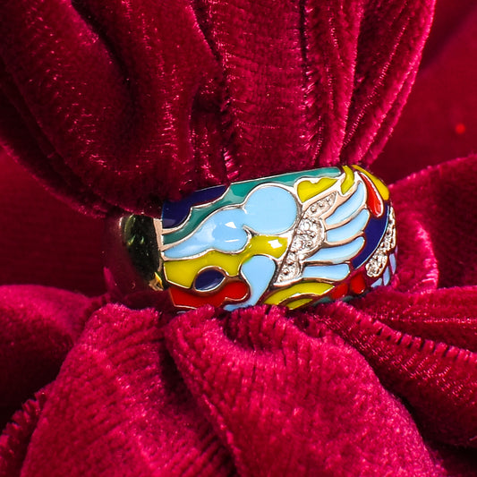 Women’s Silver Ring – Multicolor Enamel with Winged Gemstone Accents (Size 11)